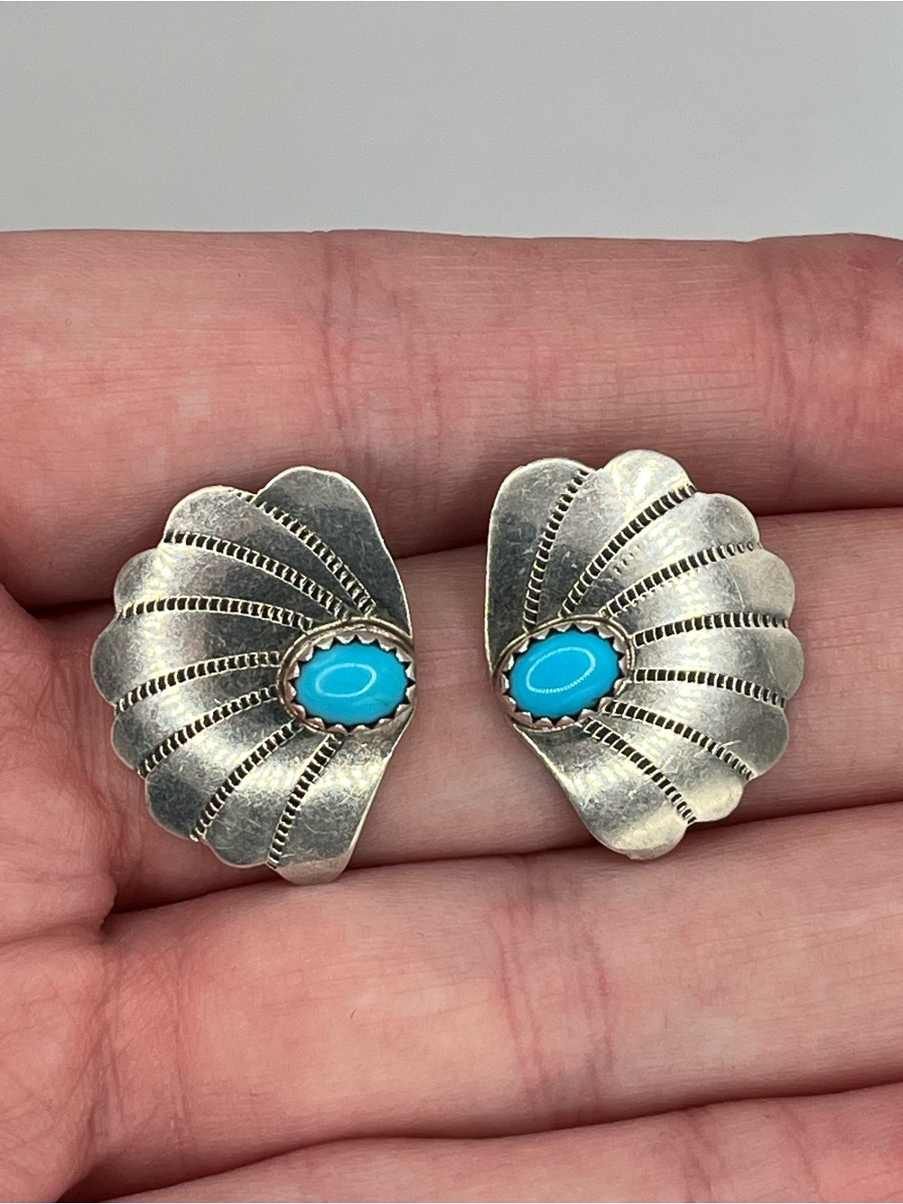 Sterling Silver Fan-Shaped Earrings with Turquoise Accent